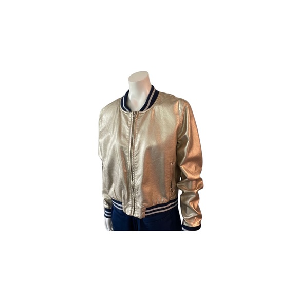Gold Faux Leather Baseball Jacket Sz L - Picture 1 of 5